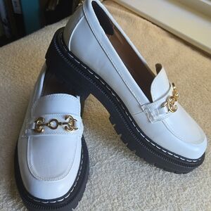 Circus by Sam Edelman White Leather Chunky Loafers with Gold Hardware